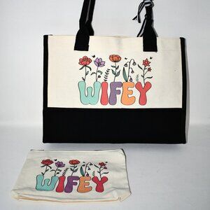 Vanqruo Wifey Canvas Tote Bag with Makeup Bag, Bridal Shower Bachelorette Gift,
